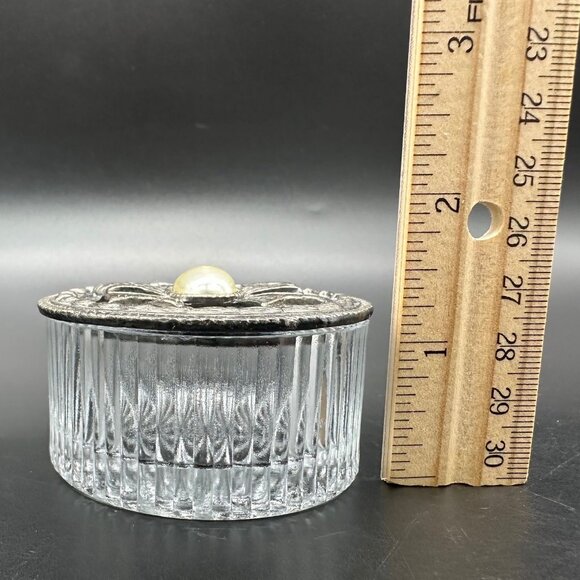 Vintage Trinket Dish Vanity Jewelry Jar Pewter Glass Faux Pearl Cabochon Cottage - Picture 10 of 10